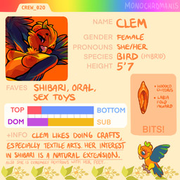 anthro beak beak_closed breasts feathered_wings feathers female genitals information looking_at_viewer medium_breasts mouth_closed nipples non-mammal_breasts non-mammal_nipples non-mammal_vulva one_eye_closed solo tail tail_feathers text vulva winged_arms wings wink winking_at_viewer monochromanis clem_the_bird avian bird cardinal_(bird) hybrid jandaya neotropical_parrot oscine parakeet parrot passerine piranga scarlet_tanager sun_parakeet true_parrot english_text handwritten_text hi_res model_sheet portrait