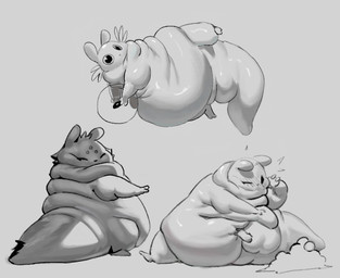 2_toes 3_fingers ambiguous_gender belly big_belly big_eyes big_tail bubble_fruit feet feral fingers food glistening glistening_body group huge_belly obese obese_ambiguous obese_feral overweight overweight_ambiguous overweight_feral tail toes trio citrusslugcat rain_world videocult gourmand_(rain_world) rivulet_(rain_world) saint_(rain_world) slugcat monochrome