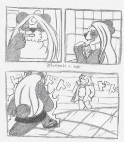 anthro bagel bathroom black_body black_fur black_nose bottomwear bread brush brushing brushing_teeth clothed clothing comic_panel cracked_tiles dining_room duo eating eating_food electronics eyes_closed female food footwear fur fur_markings hair inside long_coat long_hair markings meme_redraw miniskirt phone round_ears sandals shoes shorts shoulder_length_hair skirt slightly_chubby sound_effects tail teeth text tile white_body white_fur white_hair lunarpanda8686 jojo's_bizarre_adventure menacing_approach stardust_crusaders mika_(lunarpanda8686) bear cricetid giant_panda hamster mammal rodent ursine comic graphite_(artwork) hi_res japanese_text meme traditional_media_(artwork)