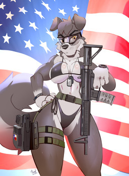 american_flag anthro assault_rifle athletic athletic_anthro athletic_female bikini bikini_thong bikini_top black_body black_fur black_nose breasts clothed clothed_anthro clothed_female clothing dog_tags eyewear female fur glasses gun handgun holster holstered_pistol leg_holster multicolored_body multicolored_fur navel pistol ranged_weapon rifle safety_glasses small_waist solo swimwear thick_thighs two-piece_swimsuit two_tone_body two_tone_fur united_states_of_america weapon white_body white_fur wide_hips hinget border_collie canid canine canis collie domestic_dog herding_dog mammal pastoral_dog sheepdog absurd_res hi_res