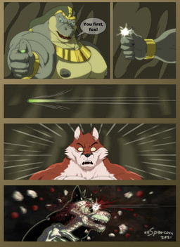 anthro attack big_muscles blood bodily_fluids bone cave clothed clothing dialogue duo fatal fur gore green_body green_scales headdress huge_muscles killing male multicolored_body multicolored_fur multicolored_scales muscular muscular_anthro open_mouth pebble pecs red_body red_fur scales skeleton skull speech_bubble teeth text two_tone_body two_tone_fur two_tone_scales white_body white_fur x-ray_view xxsparcoxx egyptian_mythology middle_eastern_mythology mythology sobek sobek_(xxsparcoxx) teofacio_larna canid canine crocodile crocodilian deity fox mammal red_fox reptile scalie true_fox 2021 comic digital_media_(artwork) english_text hi_res