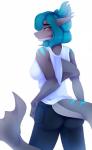 anthro blue_hair butt butt_pose eyebrows female fin furgonomics hair horn orange_eyes pose simple_background solo white_background kristiana_puff lynn_(lynnshark) lynn_rhea fish marine shark 2017 digital_media_(artwork) hi_res