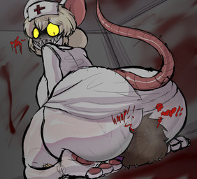 anthro big_butt black_eyes blonde_hair blood blush bodily_fluids bottom_heavy breasts butt butt_smother claws clothing death_by_facesitting dominant dominant_female duo facesitting female female_facesitting_male fur hair hat headgear headwear horror_(theme) male male/female nurse nurse_clothing nurse_headwear pawpads paws sharp_teeth sitting_on_another smile smothering sweat sweaty_butt tail teeth white_body white_fur yellow_eyes da_ra_ra_ra terrible_mouse lorna_(terrible_mouse) house_mouse human mammal mouse murid murine rodent absurd_res hi_res