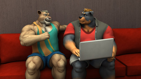 anthro belly biceps black_body black_clothing black_fur black_hair black_topwear black_vest blonde_hair blue_bottomwear blue_clothing blue_shorts bottomwear brown_body brown_fur brown_wall claws clothing computer deltoids duo electronics facial_hair finger_claws floppy_ears folded_ears fur furniture gesture gloves_(marking) goatee green_clothing green_shirt green_tank_top green_topwear hair hand_gesture inside laptop laptop_on_lap looking_at_another male markings multicolored_body multicolored_fur muscular muscular_anthro muscular_male muscular_thighs pattern_clothing pattern_shirt pattern_topwear pecs pointing pointing_at_self red_clothing red_shirt red_t-shirt red_topwear shirt shorts sitting slightly_chubby slightly_chubby_anthro slightly_chubby_male sofa striped_clothing striped_shirt striped_topwear stripes t-shirt tan_body tan_fur tank_top topwear two_tone_body two_tone_fur vest whiskers white_body white_bottomwear white_clothing white_fur white_shorts yellow_stripes braford house_of_beef allen_(braford) julian_(braford) canid canine canis cougar domestic_dog felid feline mammal mastiff molosser rottweiler 16:9 3d_(artwork) digital_media_(artwork) widescreen