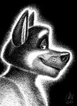 anthro ears_up fur half-closed_eyes looking_at_viewer male mouth_closed narrowed_eyes side_view smile smiling_at_viewer solo text nikraccoom bluey_(series) bandit_heeler australian_cattle_dog canid canine canis cattledog domestic_dog herding_dog mammal pastoral_dog 2023 bust_portrait english_text hi_res monochrome portrait signature