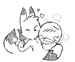 ambiguous_gender anthro arm_around_neck bandage duo eyes_closed fist fur heart_symbol human_on_anthro interspecies male mouthless multi_tail open_mouth simple_background smoke star tail white_background oob majora's_mask nintendo the_legend_of_zelda anon canid canine fox human keaton_(tloz) mammal 2018 monochrome sketch