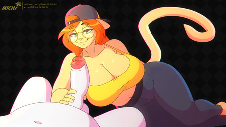 5_fingers anthro anthro_on_anthro big_breasts black_bottomwear black_clothing bottomwear breasts clothed clothed_anthro clothed_female clothing duo eyewear faceless_anthro faceless_character faceless_male female fingers foreskin fur genitals glasses green_eyes handjob hay humanoid_hands male male/female nude_anthro nude_male penile penis sex tail topwear white_body white_fur yellow_clothing yellow_topwear galacticmichi katrina_fowler domestic_cat felid feline felis mammal 16:9 2026 animated widescreen