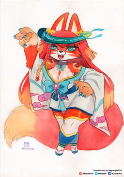 anthro asian_clothing big_breasts biped braided_hair breasts chibi clothing east_asian_clothing female female_anthro fur hair japanese_clothing jewelry kemono kimono looking_at_viewer open_mouth simple_background smile solo thick_thighs white_background wide_hips murazaki canid canine fox mammal absurd_res hi_res painting_(artwork) traditional_media_(artwork) traditional_painting_(artwork) traditional_watercolor_(artwork) watercolor_(artwork)