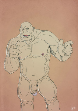 bald balls biceps brown_eyes circumcised finger_gun flaccid genitals gesture hand_gesture humanoid_genitalia humanoid_penis looking_aside looking_away male musclegut muscular muscular_male navel nipples not_furry nude open_mouth pecs penis pointing simple_background solo teeth vein veiny_penis nicolas_brunet humanoid monster monstrous_humanoid ogre 2020 hi_res