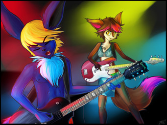 anthro bass_guitar breasts clothed clothing dipstick_tail duo electric_guitar female guitar hair male markings music musical_instrument nipples playing_guitar playing_music plucked_string_instrument string_instrument swimwear tail tail_markings topless thezules nintendo pokemon canid canine eevee generation_1_pokemon mammal pokemon_(species) 4:3 hi_res
