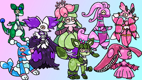 antennae_(anatomy) anthro biped black_body black_claws black_horn blue_body blue_collar blue_ears blue_harness blue_tail blush blush_lines claws collar dark_body dark_fur eyes_closed eyeshadow feral fur gradient_background green_body green_ears green_hair green_tail grey_body group hair happy harness horn infinity_symbol inner_ear_fluff looking_back makeup markings mint_body mint_tail multicolored_antennae multicolored_body open_mouth orange_harness pink_antennae pink_body pink_ears pink_eyeshadow pink_hair pink_harness pink_nose pink_tail purple_body purple_fur purple_inner_ear_fluff purple_tail quadruped rear_view simple_background smile spots spotted_markings standing symbol tail tail_markings tongue tuft two_tone_antennae two_tone_body two_tone_tail white_body white_ears white_fur squeakitties nintendo pokemon rubbermon ampharos brionne delphox eeveelution generation_2_pokemon generation_3_pokemon generation_4_pokemon generation_5_pokemon generation_6_pokemon generation_7_pokemon glaceon goodra lilligant lurantis mawile pokemon_(species) 16:9 hi_res widescreen