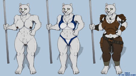 abs anthro areola armor barefoot big_breasts black_nose blue_background blue_clothing blue_eyes blue_underwear breasts brown_areola brown_armor brown_nipples clothed clothing facial_tattoo feet female front_view fur genitals hand_on_hip holding_object holding_weapon navel nipples nude off/on simple_background solo tattoo thick_thighs underwear vulva weapon white_body white_clothing white_fur white_underwear wide_hips nagibator bear mammal polar_bear ursine hi_res