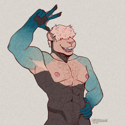 abs anthro claws gesture hair hair_over_eyes hand_gesture looking_aside male membrane_(anatomy) muscular muscular_male navel nipples nude obscured_eyes open_mouth open_smile smile solo v_sign webbed_hands druidogger mammal mustelid otter 1:1 2024 hi_res