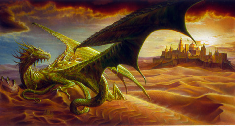 ambiguous_gender building city claws cloud desert detailed_background feral flag flag_(object) green_body green_scales horn membrane_(anatomy) membranous_wings outside rock sand scales solo sun tail tower wings jon_sullivan mythology dragon mythological_creature mythological_scalie scalie 1998 absurd_res hi_res traditional_media_(artwork)