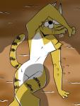 anthro bodily_fluids fur looking_at_viewer lying male nude one_eye_closed shadow sweat yellow_body yellow_fur ikutasemi bono_bono bonobono sunadorineko felid feline fishing_cat mammal prionailurus