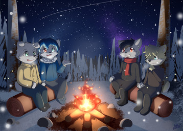 anthro black_bottomwear black_clothing black_hair black_pants blonde_hair blue_clothing blue_eyes blue_hair blue_jacket blue_topwear bottomwear campfire clear_sky clothed clothing floppy_ears forest fur glistening glistening_eyes grey_body grey_fur grin group hair head_tuft heterochromia jacket log male night open_mouth outside pants plant red_eyes red_tongue sitting sky smile snow snowing tongue topwear tree tuft wood yellow_body yellow_clothing yellow_fur yellow_jacket_(clothing) yellow_topwear kewkungzn canid mammal hi_res signature