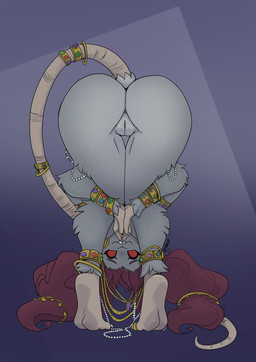 accessory anthro big_butt bracelet buckteeth butt butt_heart female fur furgonomics gem genitals gold_(metal) gold_jewelry grey_body grey_fur hair jewelry jewelry_only looking_at_viewer necklace pigtails presenting presenting_hindquarters red_eyes red_hair ring solo tail tail_accessory tail_jewelry tail_ring teeth vulva wide_hips yawg praise_da_booty_(meme) warhammer_(franchise) trinket_(yawg) mammal murid murine rat rodent skaven 2026 hi_res