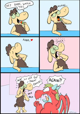aaaaa angry anthro asphyxiation blush brown_body choking dialogue duo five_frame_image floating_eyebrows food hand_on_neck heart_symbol holding_food holding_object holding_popsicle horn male membrane_(anatomy) membranous_wings popsicle popsicle_in_mouth red_body sharp_teeth speech_bubble teeth text wings daztoons mythology jago_(daztoons) shervin_(daztoons) bovid caprine dragon mammal mythological_creature mythological_scalie scalie sheep comic english_text hi_res