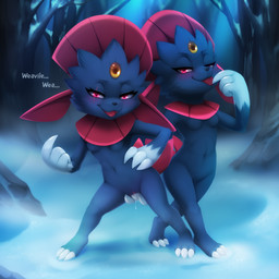 3_fingers 3_toes anthro anthro_on_anthro beckoning blue_body blue_fur blue_nose bodily_fluids breasts cheek_tuft claw_fingers claws dripping duo eye_scar eyebrows eyelashes facial_scar facial_tuft fangs feathers featureless_breasts feet female female/female female_anthro fingering fingering_partner fingers forehead_gem forest forest_background fur gem genital_fluids genitals gesture glistening glistening_eyes gloves_(marking) half-closed_eyes hand_on_hip intraspecies looking_at_viewer markings narrowed_eyes nature nature_background navel nude nude_anthro nude_female open_mouth outside pink_eyes plant scar semi-anthro sex small_breasts smile smiling_at_viewer snow tail tail_feathers teeth toe_claws toes tongue tongue_out tree tuft vaginal vaginal_fingering vaginal_fluid_drip vaginal_fluids vulva darkmirage nintendo pokemon felid generation_4_pokemon mammal pokemon_(species) weavile 1:1 2026 digital_media_(artwork) hi_res incest_(lore) sibling_(lore) sister_(lore) sisters_(lore) twins_(lore)