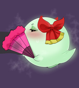 black_eyes blush bow_ribbon duo fellatio female folding_fan genitals green_body hand_fan male male/female not_furry oral penile penis sex vulva mdthetest mario_bros nintendo paper_mario lady_bow boo_(mario) ghost spirit hi_res