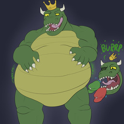 anthro belly big_belly burping burping_up_clothing burping_up_object crown green_body headgear horn male male_pred rumbling_stomach same_size_vore sharp_teeth teeth tongue vore theperpetualsad mario_bros nintendo king_koopa reptile scalie 1:1 hi_res