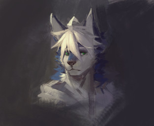 anthro blue_body blue_fur cheek_tuft clothed clothing facial_tuft front_view fur green_eyes hair looking_aside male messy_hair mouth_closed neck_tuft short_hair simple_background solo topwear tuft unsigned white_body white_clothing white_fur white_hair white_topwear awaldkize canid mammal bust_portrait hi_res portrait