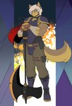 anthro armor axe biped brown_body brown_fur clothed clothing countershade_fur countershade_tail countershading fingers fur hair male scar solo tail munkeesgomu germain_(munkeesgomu) canid canine canis domestic_dog mammal 2025 hi_res