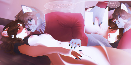 anthro anthro_on_anthro areola biped blush bottomless bottomless_anthro bottomless_female bottomwear breasts claws clothed clothed_anthro clothed_female clothed_male clothing countershade_torso countershading duo female fingering fingers fully_clothed fully_clothed_anthro fully_clothed_male fur genitals hair male male/female navel nipples partially_clothed partially_clothed_anthro partially_clothed_female smile tail teeth text topwear vaginal vaginal_fingering vulva rrrs canid canine canis mammal wolf 2025 digital_drawing_(artwork) digital_media_(artwork) english_text hi_res