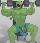 abs areola barazoku biceps big_bulge big_eyes big_muscles big_penis black_sclera blush bodily_fluids bottomwear bulge clenched_teeth clothed clothing dripping dumbbell emoji erection erection_under_clothing exercise footwear genital_fluids genitals green_areola green_body green_nipples green_skin grey_background holding_object huge_bulge huge_muscles huge_penis humanoid_genitalia humanoid_penis ineffective_clothing male manly motion_lines muscular muscular_humanoid muscular_male navel nipples not_furry obliques pecs penis penis_base precum precum_drip precum_through_clothing pubes serratus shadow shoes shorts simple_background sitting solo sweat teeth thick_arms thick_penis thick_thighs topless topless_humanoid topless_male vein weight_bench weightlifting weights wet wet_clothing workout deuzion alien alien_humanoid humanoid living_emoji 2025 absurd_res hi_res