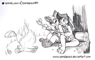 anthro campfire candy dessert duo ears_back eyewear facial_piercing food front_view glasses hair head_tuft hug leg_markings lip_piercing lip_ring logo male male/male markings marshmallow mouth_closed one_eye_closed outside piercing pivoted_ears ring_piercing round_glasses short_hair sitting socks_(marking) tent text tuft young young_anthro young_male pandapaco canid canine fox lagomorph leporid mammal rabbit artist_logo monochrome signature sketch url