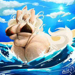 areola areola_slip beach belly big_breasts big_butt bikini blue_sky breasts butt cleavage cleavage_overflow clothed clothing cloud day eyes_closed female fur genitals hair hands_behind_head huge_breasts huge_butt huge_hips huge_thighs lens_flare light long_hair midriff navel nipple_outline partially_submerged pussy_floss sand sea seaside skindentation sky skyscape slightly_chubby smile solo splash standing sun sunlight sunny swimwear tail thick_thighs two-piece_swimsuit vulva water wet wet_body white_body white_fur white_hair wide_hips piilsud jennifer_white animal_humanoid canid canid_humanoid canine canine_humanoid fox fox_humanoid humanoid mammal mammal_humanoid 1:1 2026 absurd_res hi_res signature