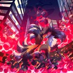 9_tails black_body black_fur black_hair city female feral fire fur hair head_fur multi_tail orange_body orange_fur red_eyes solo tail white_body white_fur celes-969 nintendo pokemon foxxi generation_1_pokemon ninetales pokemon_(species) 1:1 absurd_res hi_res