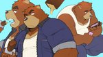 anthro belly black_nose blue_background bottomwear brown_body brown_fur candy chocolate clothing dessert food fur humanoid_hands kemono male overweight overweight_anthro overweight_male pants shirt simple_background solo topwear kira_nerisu morenatsu juuichi_mikazuki bear mammal 16:9 2017 hi_res widescreen