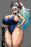 :< angry bare_shoulders big_breasts blue_one-piece_swimsuit bodily_fluids breasts brown_horn bulging_breasts cleavage clothed clothing curvy_figure ear_piercing ear_ring eyelashes female glistening glistening_body gradient_hair green_hair grey_background hair half-closed_eyes hand_on_hip holding_mace holding_object holding_weapon horn huge_breasts long_hair looking_at_viewer mace melee_weapon narrowed_eyes one-piece_swimsuit piercing ponytail red_horn ring_piercing side_boob simple_background skindentation solo standing sweat swimwear thick_thighs tight_clothing voluptuous weapon wet white_hair wide_hips yboon one_piece yamato_(one_piece) horned_humanoid humanoid absurd_res hi_res portrait three-quarter_portrait