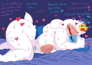 after_sex alternate_universe anthro big_breasts blush bone breasts crown duo female headgear heart_symbol kissing male male/female nipples skeleton text thick_thighs teddynours underswap undertale_(series) sans_(undertale) toriel boss_monster_(undertale) bovid caprine goat mammal absurd_res english_text hi_res