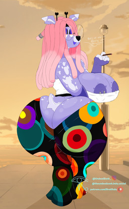 anthro antlers areola barbell_piercing big_breasts big_butt black_nose bottomwear breasts bubble_butt butt butt_cleavage cigarette cleavage clothed clothing dreadlocks drugs eyewear female flared_pants fur hair horn huge_breasts huge_butt ineffective_clothing looking_back marijuana multicolored_body multicolored_fur nipple_outline nipple_piercing nipples pattern_bottomwear pattern_clothing piercing pink_hair purple_body scut_tail short_tail smile smoking smoking_cigarette solo spots spotted_arms spotted_butt spotted_shoulders street_lamp tail text thick_thighs topwear tube_top wide_hips undeadzonk ash_(undeadzonk) deer mammal 2024 absurd_res hi_res url