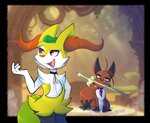 anthro duo male kitsunekotaro nintendo pokemon braixen_vesta_(kitsunekotaro) braixen canid generation_6_pokemon generation_8_pokemon mammal nickit pokemon_(species) alpha_channel