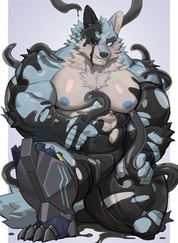 abs anthro armor barazoku big_muscles big_pecs black_sclera blue_eyes blush boots bound chest_tuft claws clothing corruption encasement fluffy fluffy_tail flustered footwear goo_transformation holding_tentacle kneeling latex latex_tentacles liquid_latex male muscular muscular_arms muscular_legs muscular_male navel null_bulge open_mouth pecs shoes solo tail teeth transformation tuft uriex canid canine canis living_latex mammal wolf hi_res