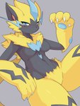 4_fingers anthro anthrofied black_nose blue_body blue_eyes blush breasts chest_tuft claws featureless_breasts featureless_crotch female female_anthro finger_claws fingers fur grey_body half-closed_eyes kemono looking_at_viewer markings narrowed_eyes navel nude pawpads paws pokemorph solo tail tuft yellow_body yellow_fur takeshi_kemo nintendo pokemon felid feline generation_7_pokemon legendary_pokemon mammal pokemon_(species) zeraora 2021 3:4 digital_media_(artwork) hi_res