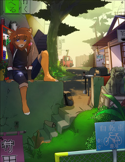 anthro building day detailed_background grass house japan male mane outside plant purple_eyes sculpture solo statue suburbs text tree vending_machine fuzzle_(artist) felid lion mammal pantherine 2009 digital_media_(artwork) japanese_text