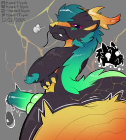 after_vore anthro antler_horns antlers balls big_balls black_body black_fur blush bodily_fluids breath cock_vore cum cum_vore digestion duo excessive_genital_fluids excessive_precum fur genital_fluids genitals gold_body gold_countershading green_body green_fur horn huge_balls hybrid_genitalia hybrid_penis hyper hyper_balls hyper_genitalia knot knotted_penis male male/male penile penis precum red_sclera vore whiskers howzit_toyah capcom monster_hunter mythology dragon eastern_dragon fanged_wyvern mythological_creature mythological_scalie scalie tobi-kadachi absurd_res hi_res