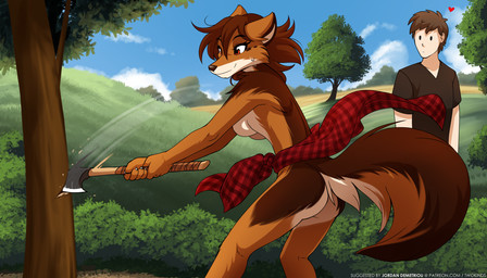 anthro biped bodily_fluids breasts butt clothed clothed_anthro clothed_female clothed_human clothed_male clothing duo female fingers front_view fur hair male outside plant rear_view smile standing sweat tail tree conditional_dnp tom_fischbach twokinds human keidran mammal 2026 digital_drawing_(artwork) digital_media_(artwork) hi_res