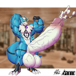 anthro balls biceps big_balls big_muscles big_penis blue_body bodily_fluids bulge claws clothing countershading cum cum_drip dripping erection flexing flexing_bicep foreskin genital_fluids genitals gloves hair hand_behind_head handwear horn huge_balls huge_muscles huge_penis hyper hyper_genitalia hyper_penis jewelry male markings muscular muscular_male nude pecs pendant penis photo_background retracted_foreskin solo standing swimwear tail text vein white_hair pirin-apex ponyanony bandai_namco digimon digimon_(species) exveemon 1:1 hi_res mixed_media photography_(artwork) signature url