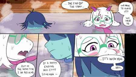 anthro blue_body blue_hair blue_skin blush clothed clothing dialogue eyewear fur glasses green_eyewear green_glasses hair horn partially_submerged pink_horn pink_scarf scarf speech_bubble text tongue water wet wet_body wet_fur wet_skin white_body white_fur tomtotap deltarune undertale_(series) kris_dreemurr ralsei bovid caprine goat human mammal 2026 comic english_text hi_res