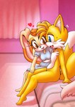 anthro anthro_on_anthro bed biped blush clothed clothing eyelashes female fur furniture heart_symbol nude pupils sitting yellow_body yellow_fur young michiyoshi sega sonic_the_hedgehog_(series) cream_the_rabbit miles_prower canid canine fox lagomorph leporid mammal rabbit hi_res female_(lore)