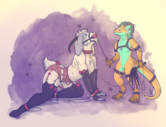 all_fours animal_genitalia ankle_cuffs anthro athletic athletic_anthro athletic_male ball_gag bdsm bondage bound bow_accessory chain chain_leash clothed clothing collar collar_tag crossdressing cuff_(restraint) dominant dominant_anthro dominant_male duo femboy flogger gag garter_belt garter_belt_leggings garter_straps genital_slit genitals harness harness_only holding_leash holding_object horn leash leashed_collar lingerie male male/male male_anthro nude_anthro nude_male panties pose restraints riding_crop size_difference small_dom_big_sub submissive submissive_anthro submissive_male topless topless_anthro topless_male underwear underwear_only whip wrist_cuffs dragonlovers natoli kumagoro rokko rokko_kuma bovid caprine goat kobold mammal scalie hi_res pinup