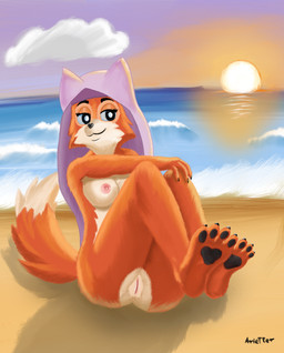 anthro beach black_nails breasts colored_nails feet female fur genitals hair hindpaw light nails nipples nude orange_body orange_fur paws solo sunlight sunset tail vulva arietter44 disney robin_hood_(disney) maid_marian canid canine fox mammal red_fox true_fox hi_res