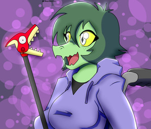 abstract_background anthro clothing disability eyelashes female freckles green_body green_hair green_scales grey_eyes hair hoodie open_mouth open_smile paraplegic scales short_hair sitting smile snout solo text topwear toy vehicle wheelchair yellow_sclera lordonoskelis cavemanon_studios i_wani_hug_that_gator olivia_halford baryonyx dinosaur prehistoric_species reptile scalie spinosaurid theropod 2024 artist_name digital_drawing_(artwork) digital_media_(artwork) hi_res watermark