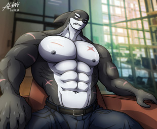 abs anthro big_muscles big_pecs black_body bottomwear chair clothed clothing furniture male multicolored_body muscular muscular_anthro muscular_male navel nipples on_chair pants pecs purple_eyes scar sitting sitting_on_chair solo suit_pants teeth topless topless_anthro topless_male two_tone_body white_body alkan belmon_(character) aquatic cetacean dolphin mammal oceanic_dolphin orca toothed_whale absurd_res hi_res