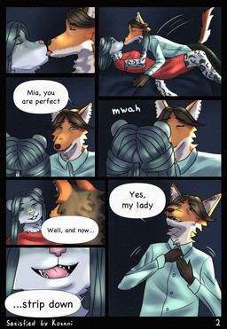 anthro bedroom cheek_tuft clothing dialogue dress duo facial_tuft female fluffy fluffy_ears fluffy_tail gingerbread_man grey_body kissing love lying male male/female manedwolf moan neck_tuft on_back ordering romantic shirt smile stripes tail text tongue tongue_out topwear tuft undressing kotani kotanifur canid canine canis felid leopard mammal pantherine snow_leopard wolf absurd_res comic english_text hi_res